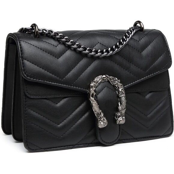 Snake Print Leather Black Crossbody Bag for Women Chain Strap and Clutch Style - Picture 8 of 8